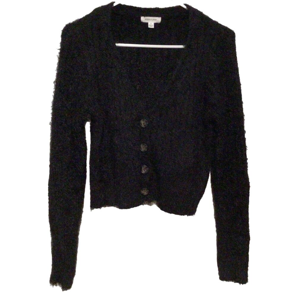 Stitch & Pine Women’s Black Fuzzy Button Down Cardigan Sweater Size Small S